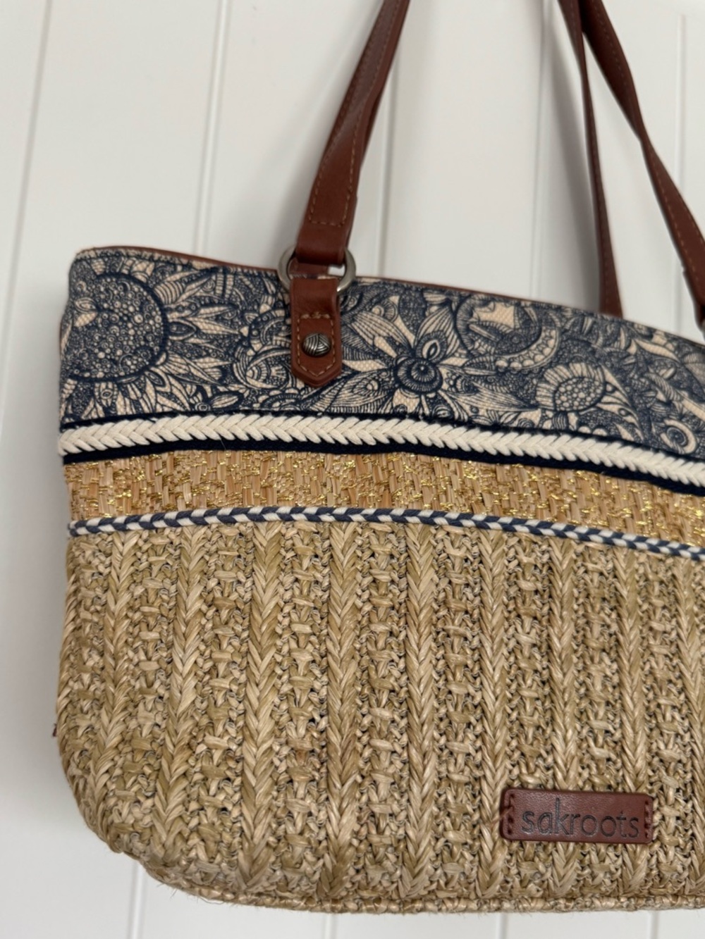 Sakroots Straw Tote Bag Navy Floral Trim Woven Beach Bag Boho - Picture 3 of 8